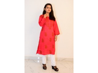 Buy Hand Embroidered Lucknowi Chikan Red Cotton Kurti
